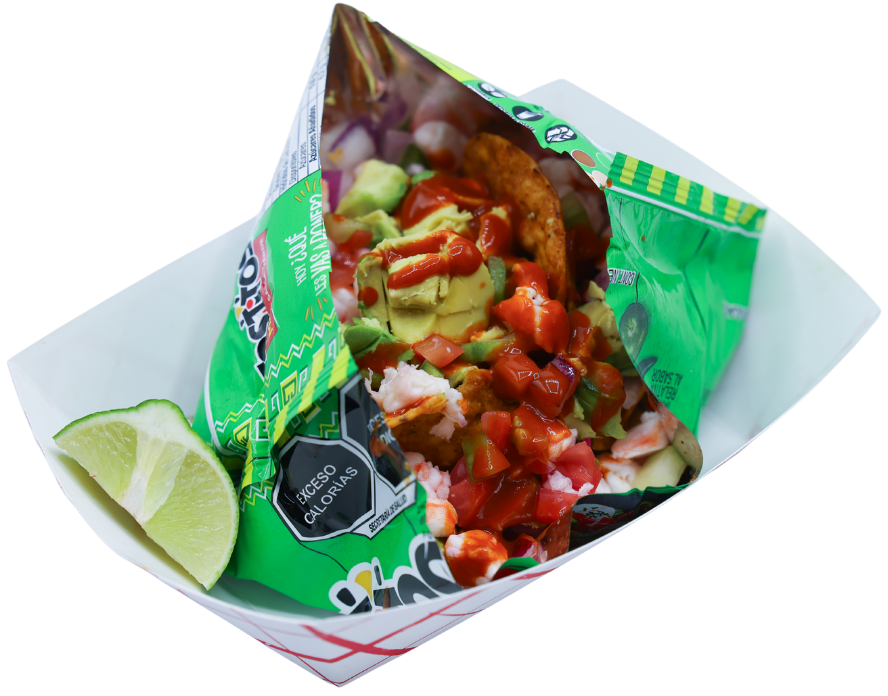 Tostito chips topped with shrimp ceviche and chamoy at Krazy Fruits.