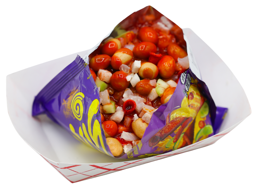 Takis topped with Japanese peanuts, cueritos, cucumber and chamoy at Krazy Fruits.