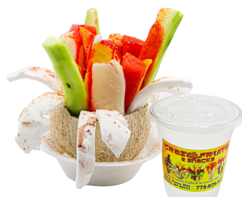 Strips of coconut, cucumber, watermelon, mango, jicama and topped with tajin at Krazy Fruits.