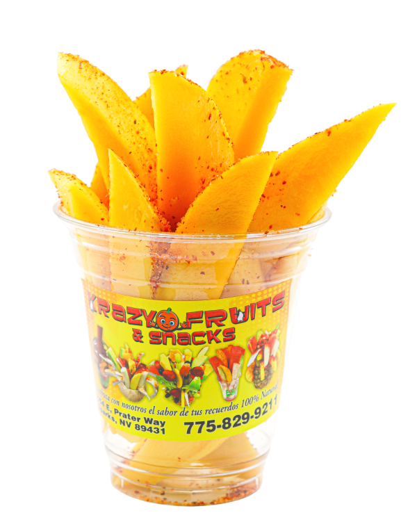 Mango slices in a cup topped with tajin at Krazy Fruits.