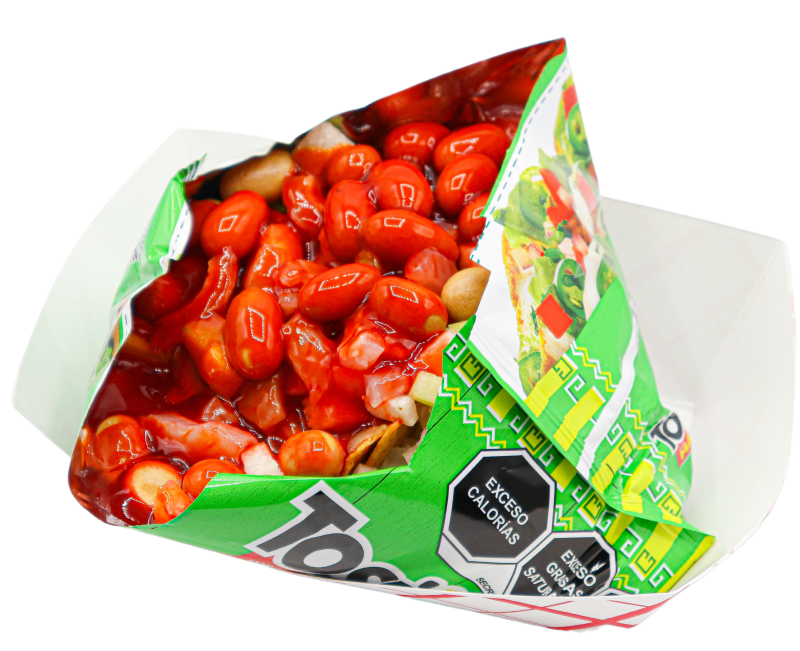 Tostitos chips loaded with cucumber, jicama, Japanese peanuts, cueritos, tamarind candy, chamoy, lime juice and hot sauce at Krazy Fruits.